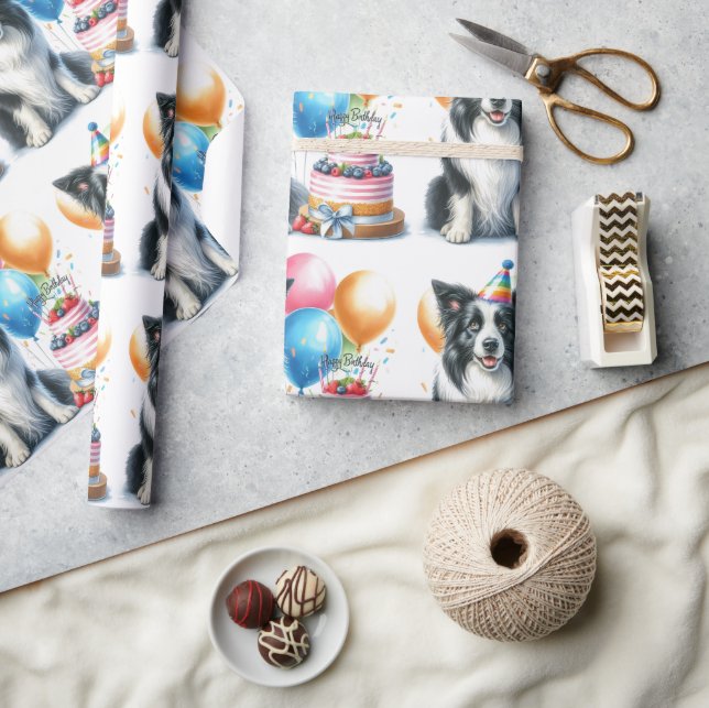 Cute Border Collie Happy Birthday Wrapping Paper (Crafts)