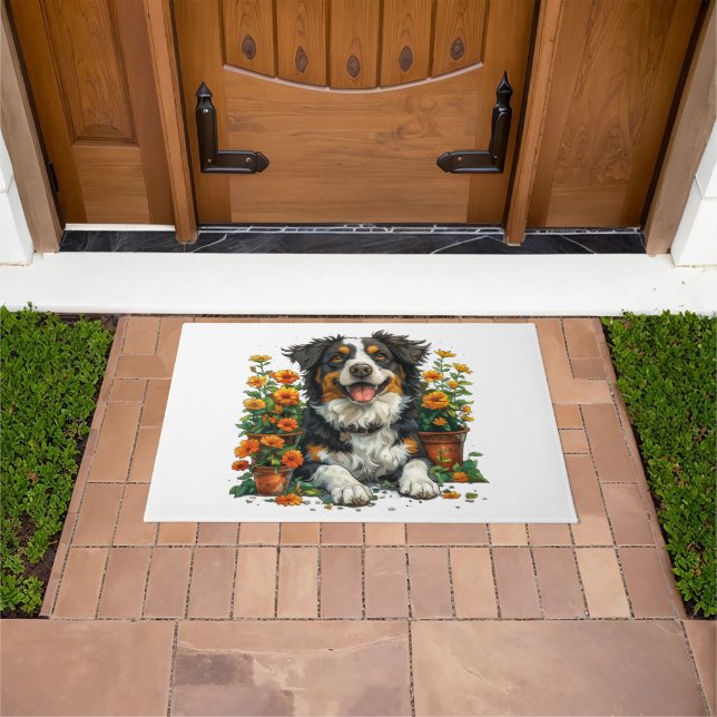 Cute Border Collie In Flowers Doormat (Outdoor)