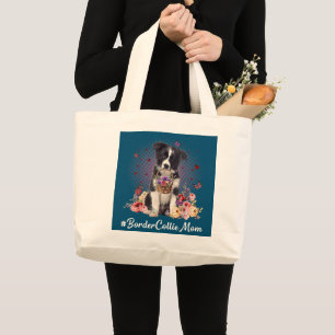 Cute Border Collie Mom Flower Happy Mother's Day Large Tote Bag