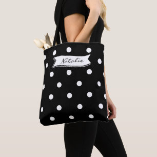 Cute border monogrammed black and white polka dots tote bag