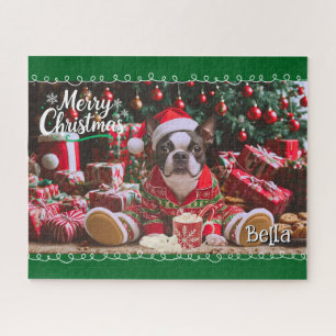 Cute Boston Terrier Christmas Pyjamas Personalized Jigsaw Puzzle