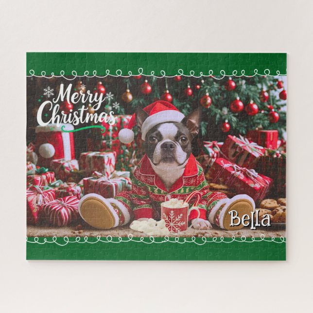 Cute Boston Terrier Christmas Pyjamas Personalized Jigsaw Puzzle (Horizontal)