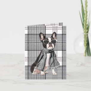 Cute Boston Terrier Dog Black White Plaid Monogram Note Card