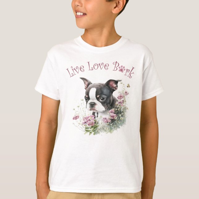 Cute Boston Terrier Dog Floral T-Shirt (Front)