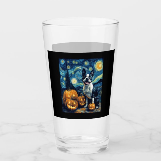 Cute Boston Terrier Dog Halloween Jack O Lantern P Glass (Front)