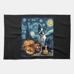 Cute Boston Terrier Dog Halloween Jack O Lantern P Kitchen Towel