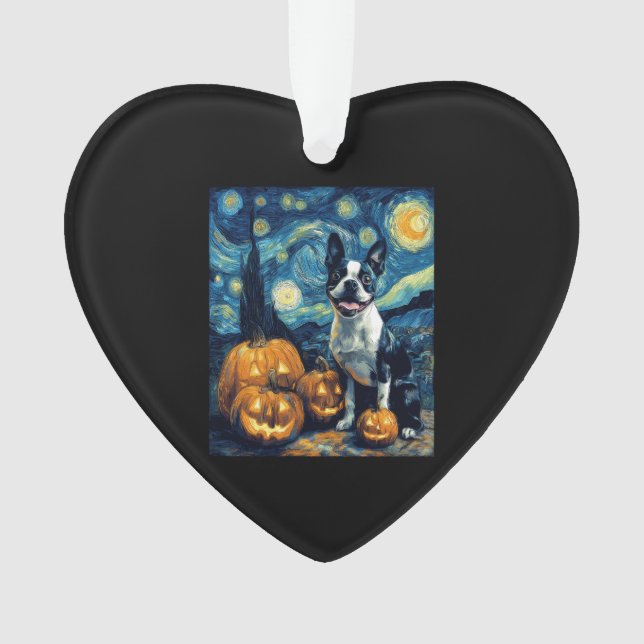 Cute Boston Terrier Dog Halloween Jack O Lantern P Ornament (Front)