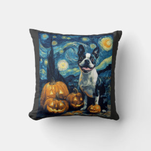 Cute Boston Terrier Dog Halloween Jack O Lantern P Throw Pillow
