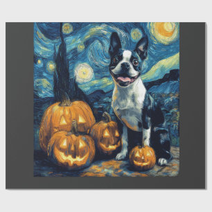 Cute Boston Terrier Dog Halloween Jack O Lantern P Wrapping Paper