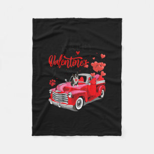Cute Boston Terrier Dog Red Truck Happy Valentines Fleece Blanket