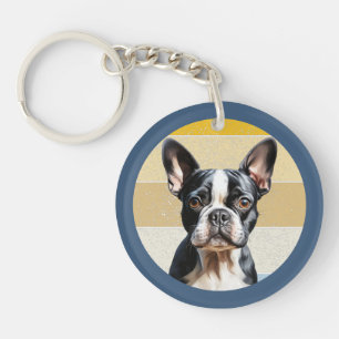 Cute Boston Terrier Dog Retro Background Keychain