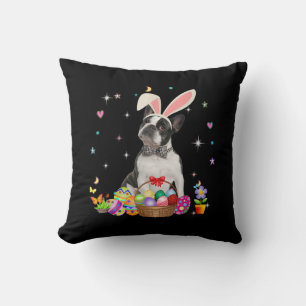Cute Boston Terrier Easter Day Bunny Eggs Easter Throw Pillow
