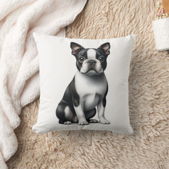 Cute Boston Terrier Gift Black White Puppy Dog  Throw Pillow (Blanket)