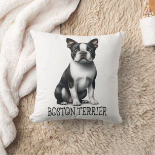 Cute Boston Terrier Gift Black White Puppy Dog  Throw Pillow