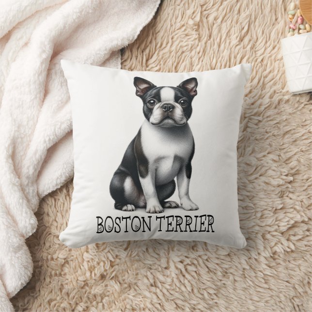 Cute Boston Terrier Gift Black White Puppy Dog  Throw Pillow (Blanket)