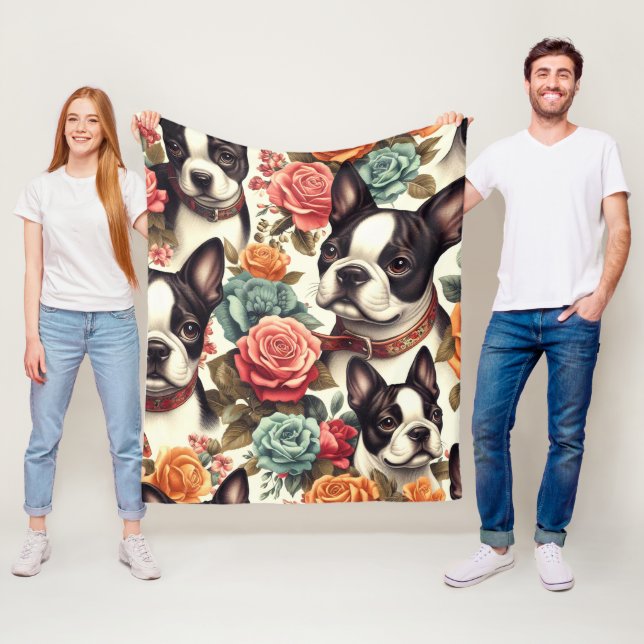 Cute Boston Terrier Illustration Fleece Blanket (In Situ)