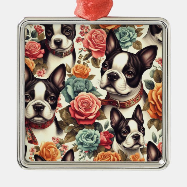 Cute Boston Terrier Illustration Metal Ornament (Front)