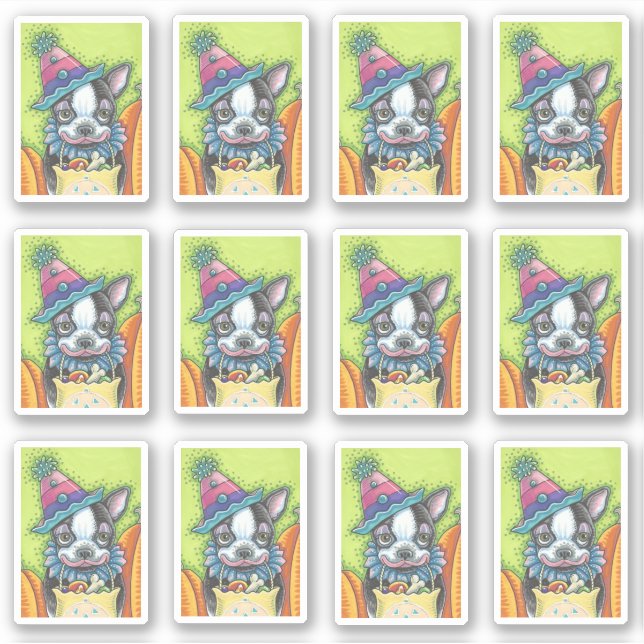 CUTE BOSTON TERRIER PUP IN HALLOWEEN CLOWN COSTUME (Front)
