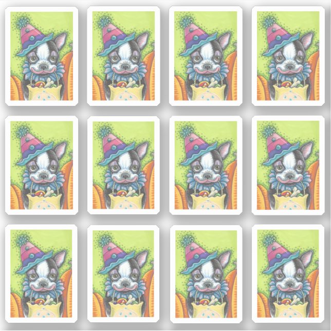 CUTE BOSTON TERRIER PUP IN HALLOWEEN CLOWN COSTUME (Front)