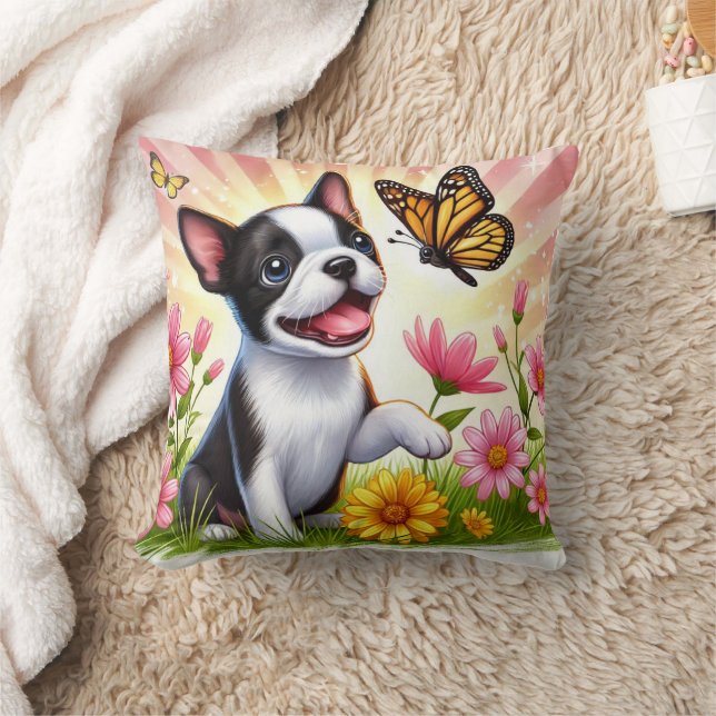 Cute Boston Terrier Puppy Playing With Butterfly  Throw Pillow (Blanket)