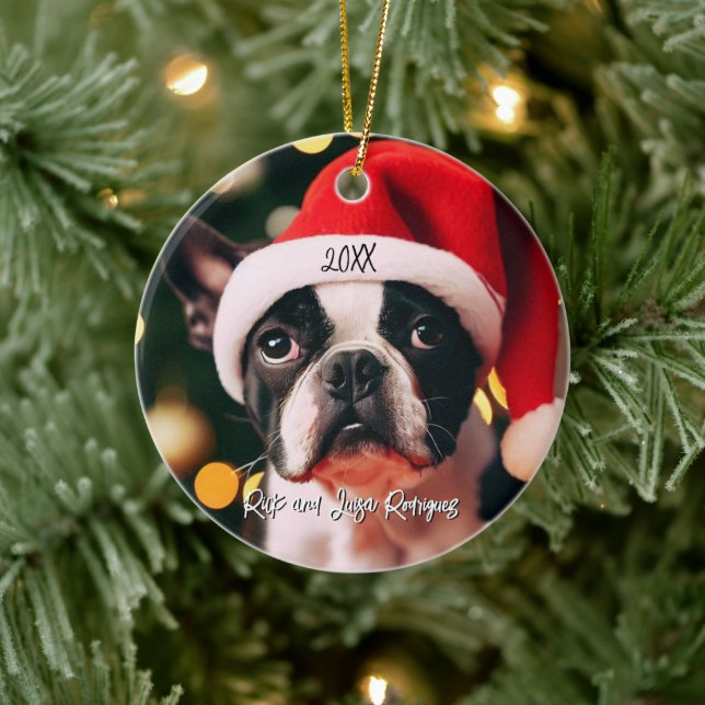 Cute Boston Terrier Puppy with Santa Hat Ceramic Ornament (Tree)