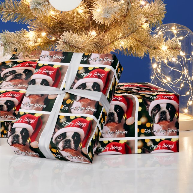 Cute Boston Terrier Puppy with Santa Hat Wrapping Paper (Holidays)