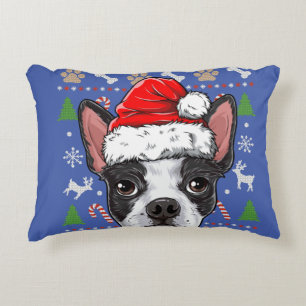 Cute Boston Terrier Ugly Christmas Sweater Santa Accent Pillow