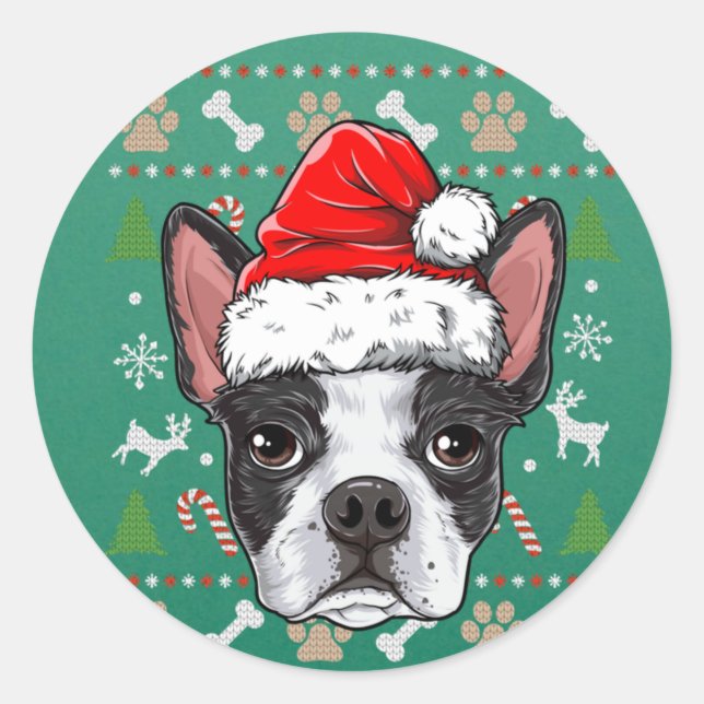 Cute Boston Terrier Ugly Christmas Sweater Santa Classic Round Sticker (Front)