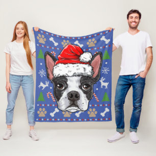 Cute Boston Terrier Ugly Christmas Sweater Santa Fleece Blanket