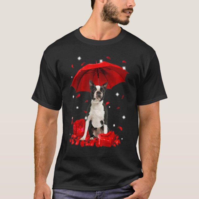Cute Boston Terrier Valentine Hearts Umbrella Love T-Shirt (Front)