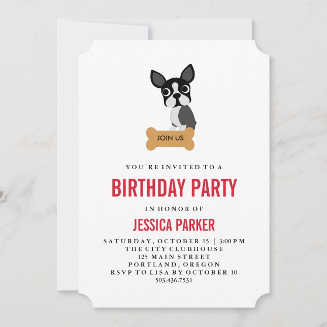 Cute Boston Terrier with Bone Birthday Party Invitation (Front)