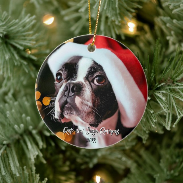 Cute Boston Terrier with Oversized Santa Hat Ceramic Ornament (Tree)