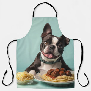 Cute Boston Terrier With Spaghetti Bolognaise  Apron