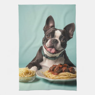 Cute Boston Terrier With Spaghetti Bolognaise  Kitchen Towel