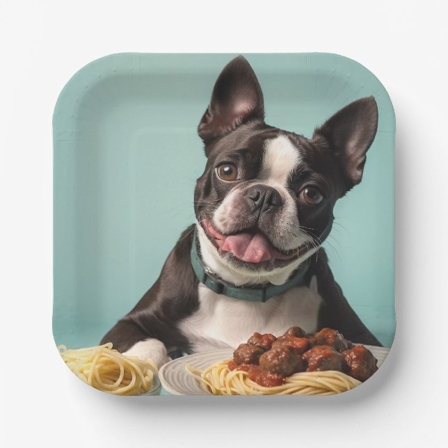 Cute Boston Terrier With Spaghetti Bolognaise  Paper Plate (Front)