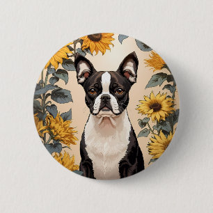 Cute Boston Terrier Yellow Sunflowers 2 Inch Round Button