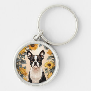 Cute Boston Terrier Yellow Sunflowers Keychain