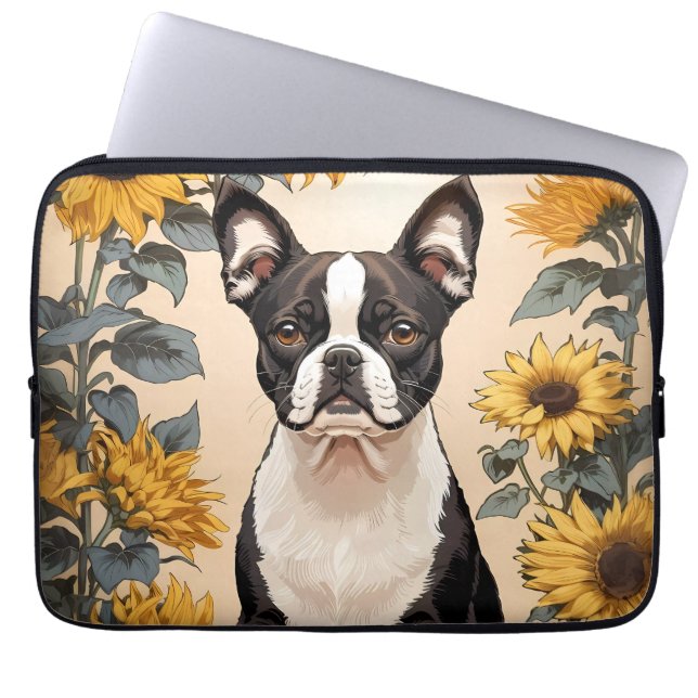 Cute Boston Terrier Yellow Sunflowers Laptop Sleeve (Front)