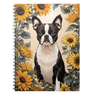 Cute Boston Terrier Yellow Sunflowers Notebook