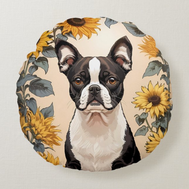 Cute Boston Terrier Yellow Sunflowers Round Pillow (Front)