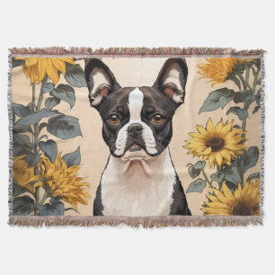 Cute Boston Terrier Yellow Sunflowers Throw Blanket
