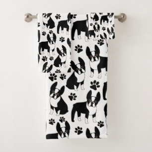 Cute Boston Terriers Black and White Bath Towel Set