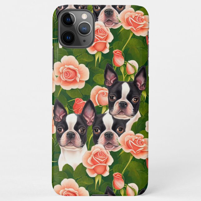 Cute Boston Terriers Enchanted Pink Rose Garden iPhone Case (Back)