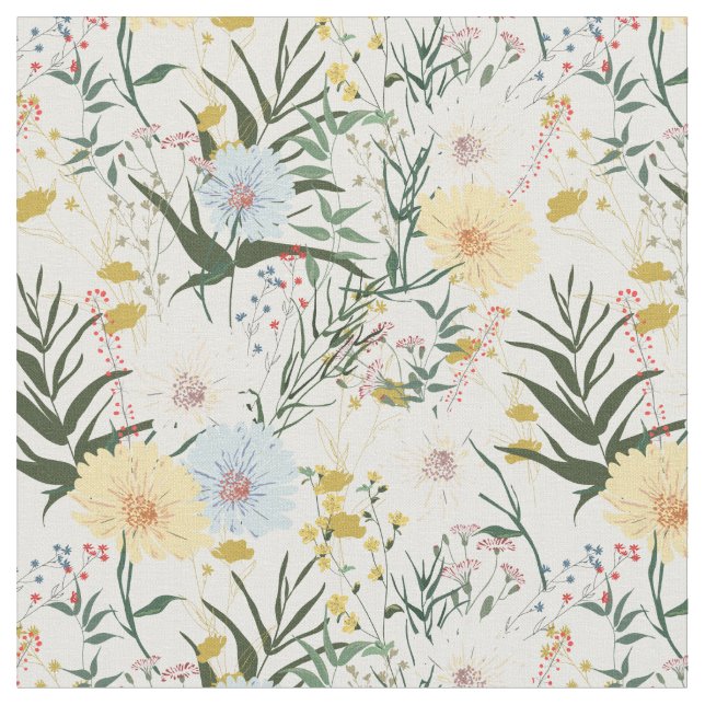 Cute botanical Ivory and blue l White Fabric (Close Up)