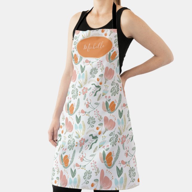 Cute botanical pastel floral pattern orange name apron (Insitu)
