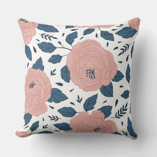Cute botanical pattern l Pink floral l White Throw Pillow