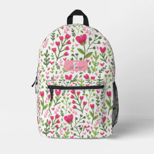 Cute Botanical Personalized Pink Floral Heart Printed Backpack