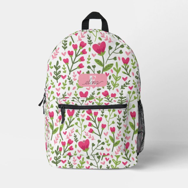 Cute Botanical Personalized Pink Floral Heart Printed Backpack (Front)