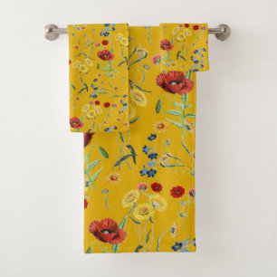 Cute Botanical Poppy Daisy Floral Pattern Yellow Bath Towel Set