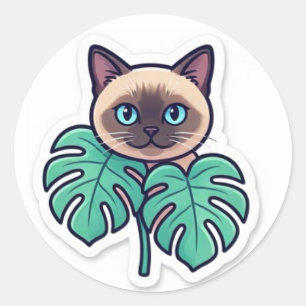 Cute Botanical Siamese Cat With Leaves Sticker  